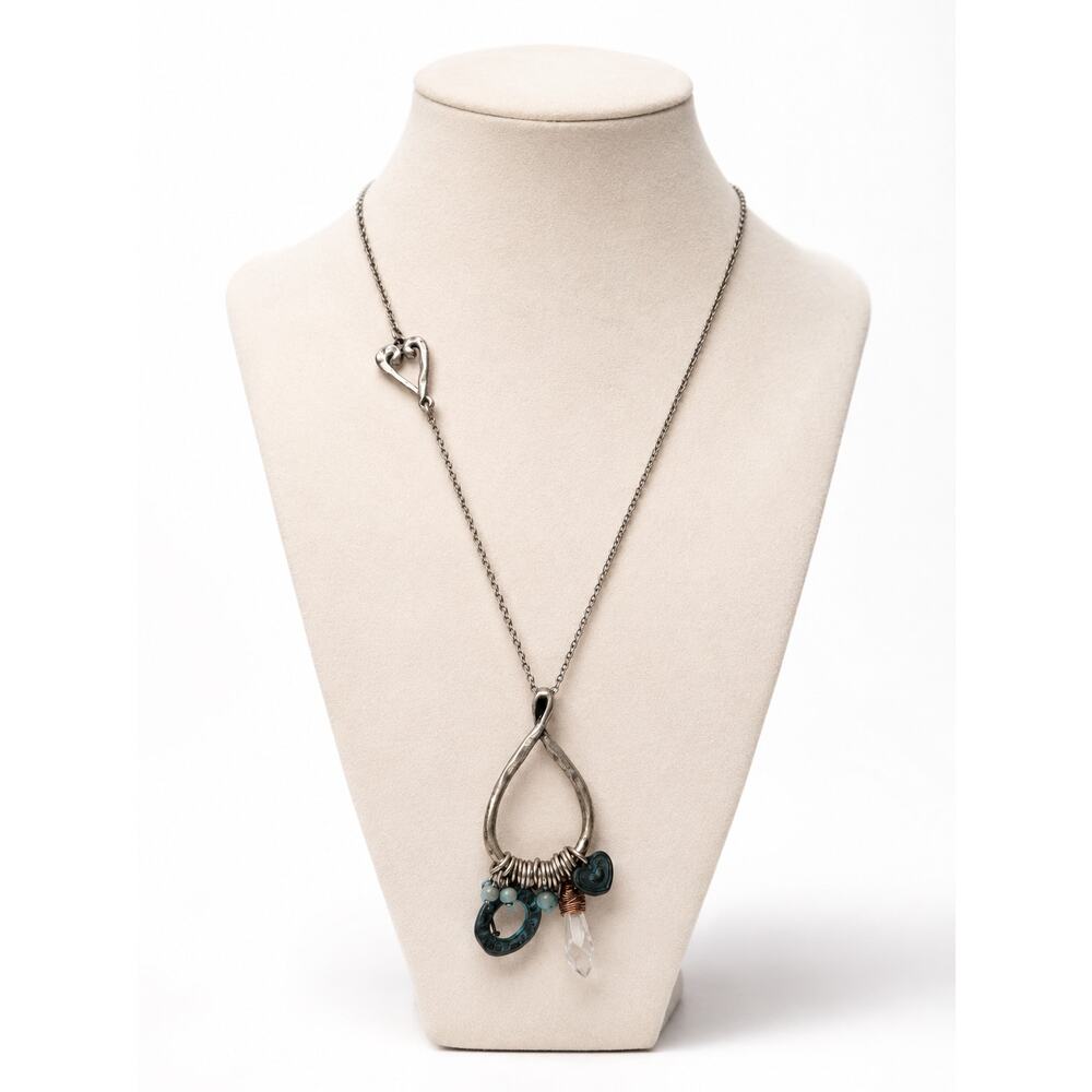 Silver Tone Boho Long Pendant Necklace Blue Green Crystal Teardrop 30" OOAK